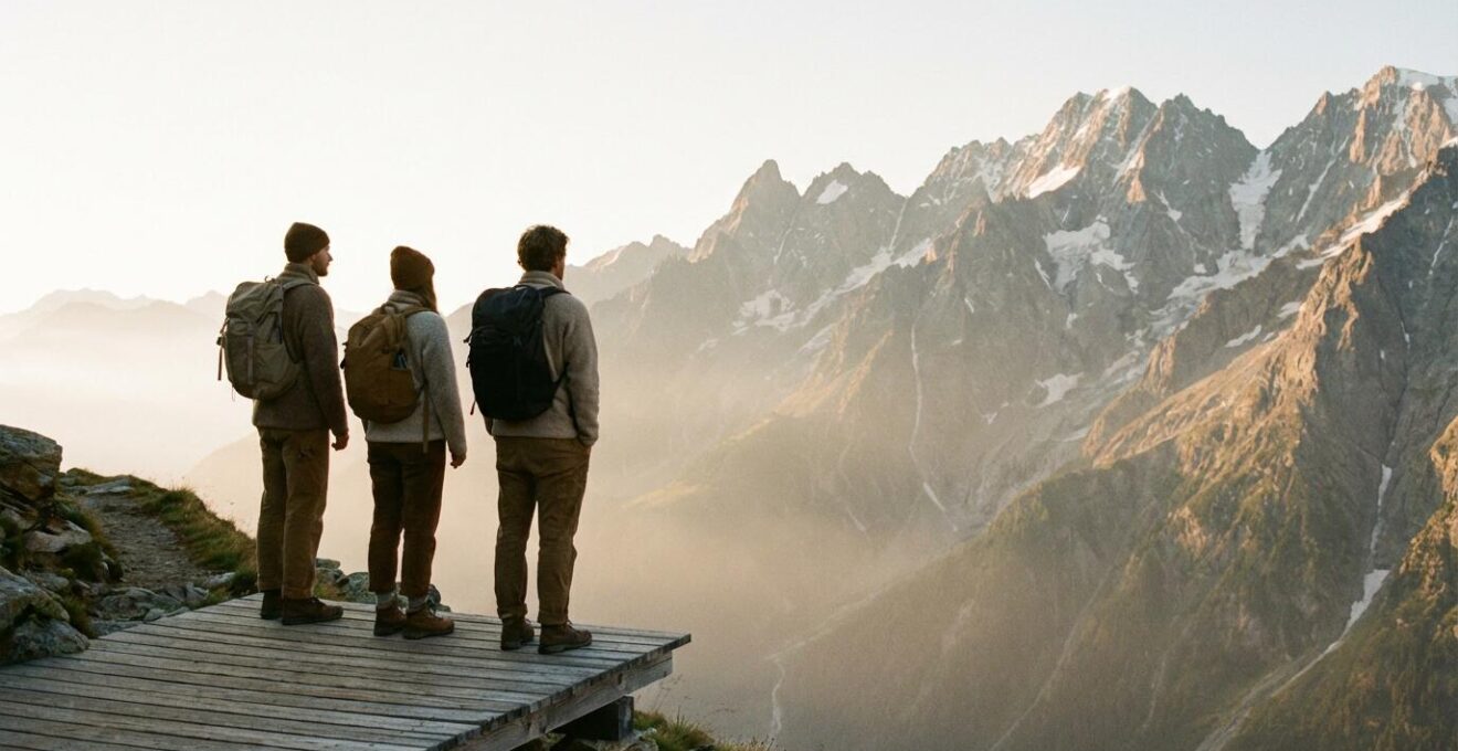Citadins découvrant la montagne pour la première fois avec émerveillement face à un panorama alpin