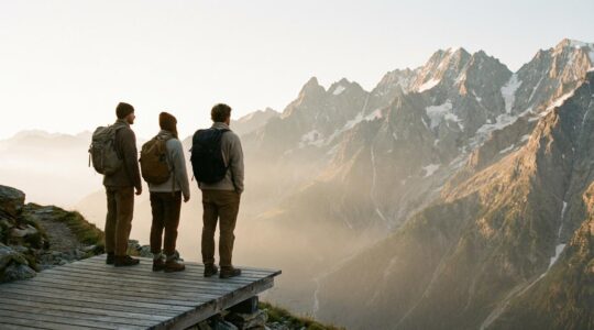 Citadins découvrant la montagne pour la première fois avec émerveillement face à un panorama alpin