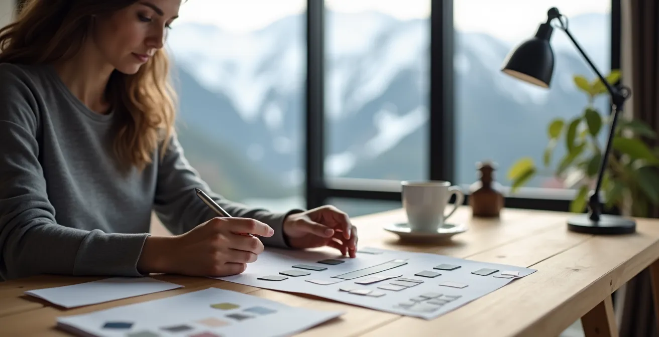 Scène d'intérieur montrant un espace de travail avec vue sur les montagnes et éléments de gestion locative
