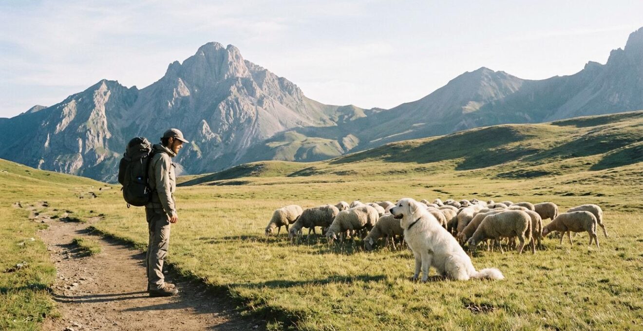 Randonneur face à un chien de protection des troupeaux dans un alpage de montagne
