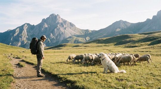 Randonneur face à un chien de protection des troupeaux dans un alpage de montagne
