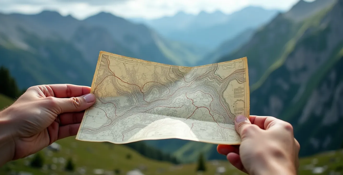 Randonneur orientant une carte topographique avec le paysage montagnard en arrière-plan