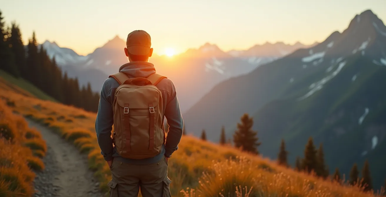 Randonneur seul sur un sentier de montagne au lever du jour, sac à dos traditionnel, contemplant l'horizon sans appareil électronique