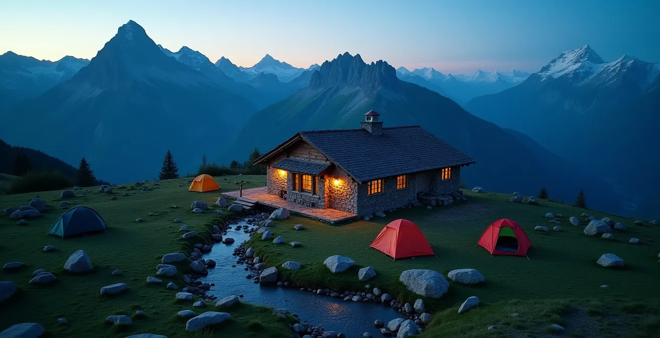 Vue aérienne d'un refuge de montagne avec zones de bivouac autorisées aux alentours