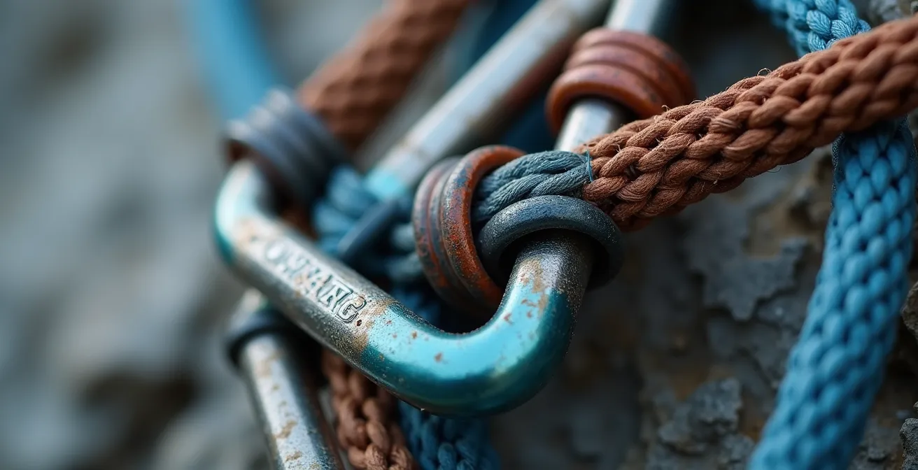 Relais d'escalade triangulé avec sangles sur deux points d'ancrage