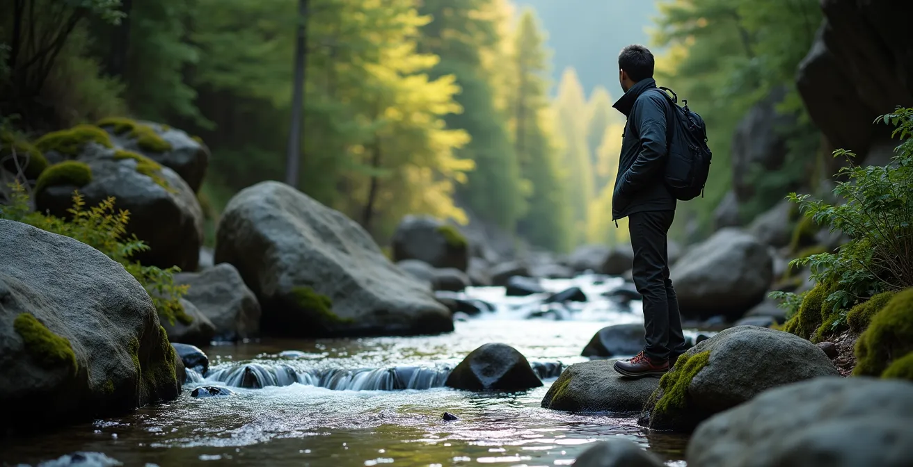 Ruisseau de montagne intact coulant entre des rochers naturels, sans cairn ni barrage artificiel