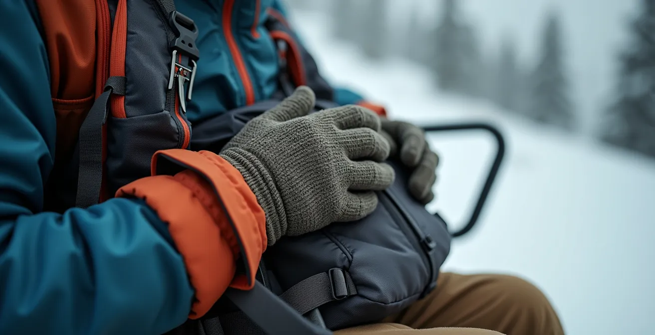 Passager sur télésiège tenant correctement son sac à dos sur les genoux
