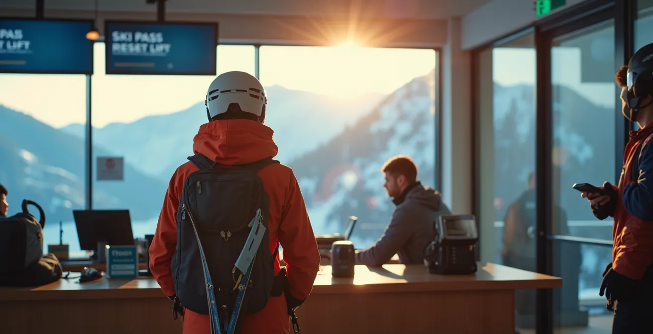 Vue arrière d'un skieur à la caisse des remontées mécaniques avec équipement visible