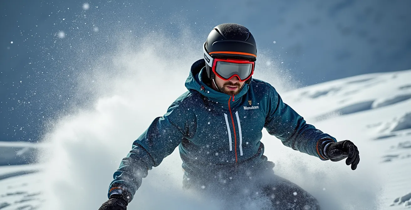 Snowboardeur en position de pré-rotation des épaules avant un 360