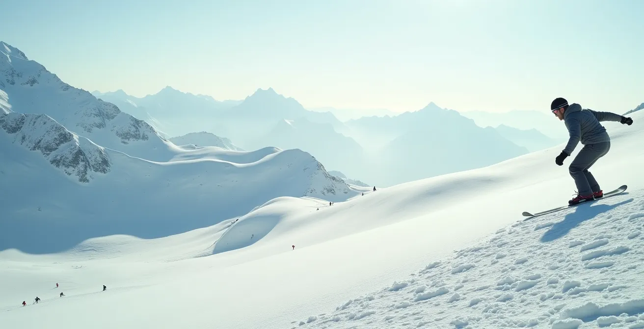 Snowboardeur s'entraînant seul sur piste verte pendant que ses amis skient au loin