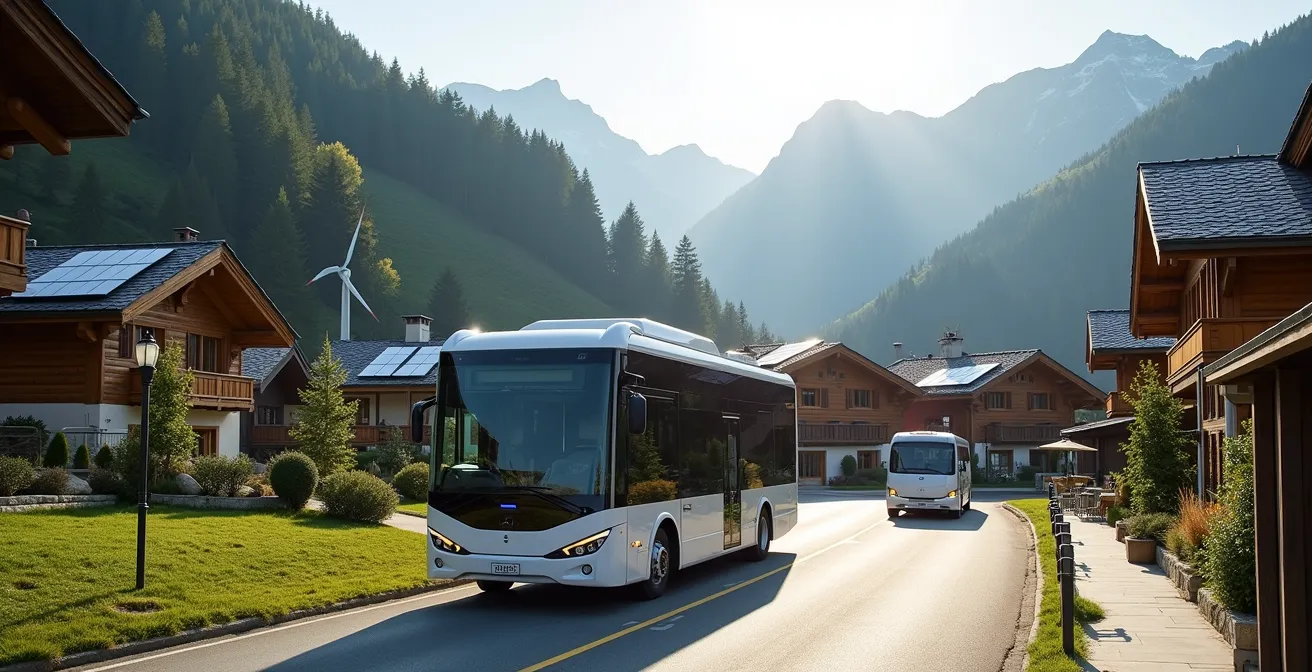 Station de montagne avec navettes électriques et panneaux solaires sur les toits des chalets