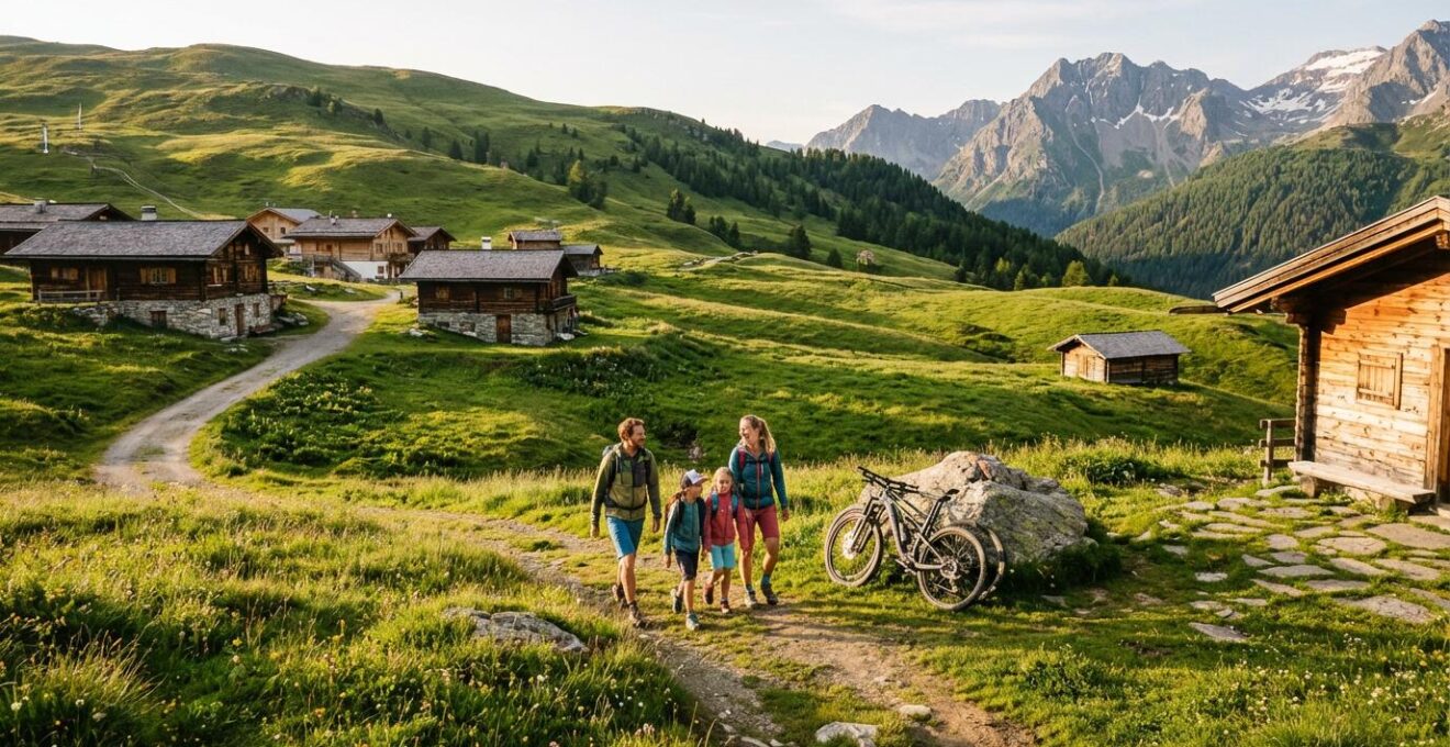 Station de montagne de moyenne altitude en été avec des chalets traditionnels sur des pentes verdoyantes et des activités familiales
