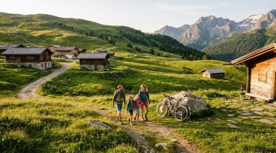 Station de montagne de moyenne altitude en été avec des chalets traditionnels sur des pentes verdoyantes et des activités familiales