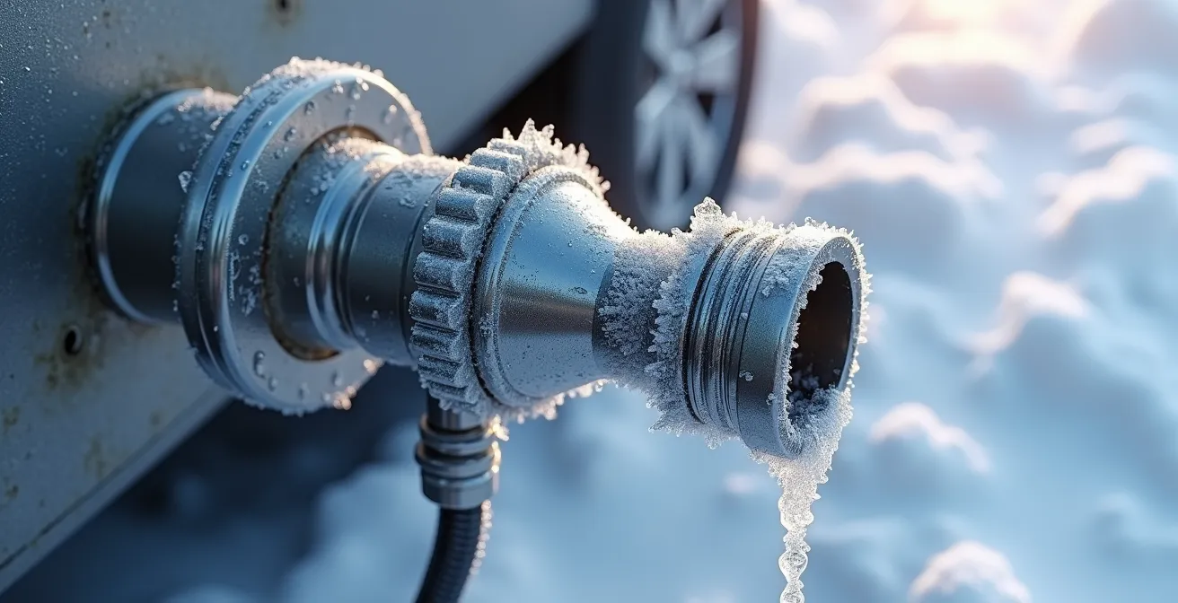 Système de protection contre le gel sur une vanne de vidange de camping-car avec détails techniques