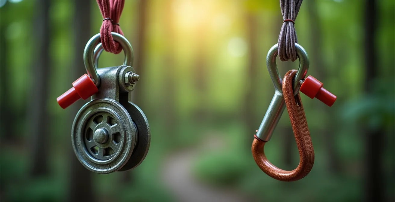 Comparaison visuelle des systèmes de sécurité ligne de vie et mousquetons en parcours aventure