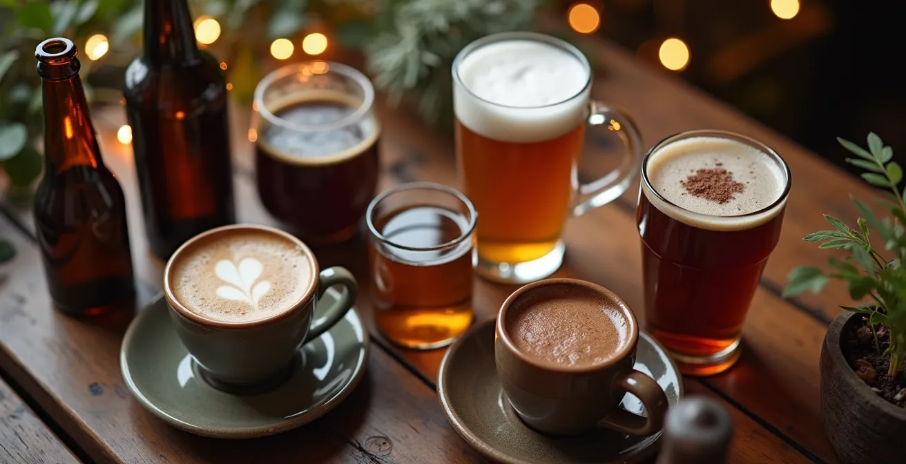 Table d'apéritif en chalet de montagne avec variété de boissons alcoolisées et non-alcoolisées