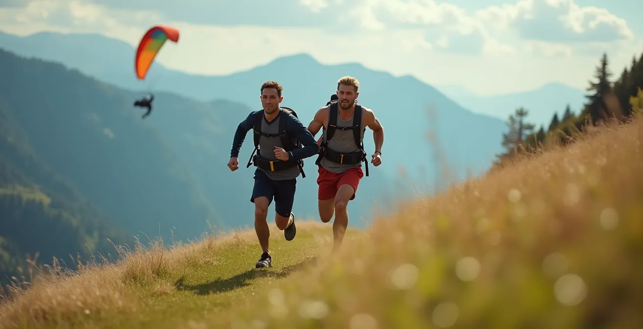 Séquence de décollage montrant un passager courant activement aux côtés du pilote sur une pente herbeuse