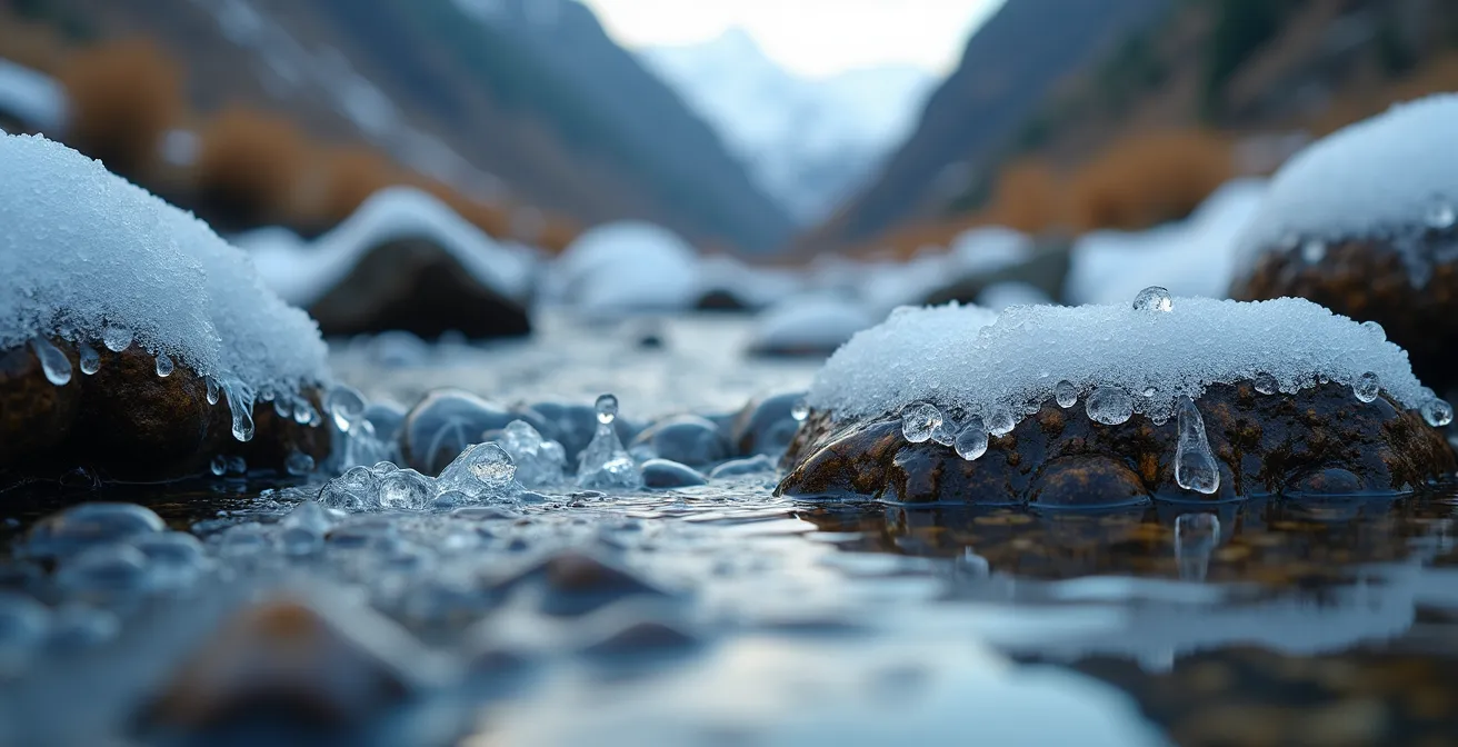 Torrent de montagne en période d'étiage hivernal avec glace sur les berges