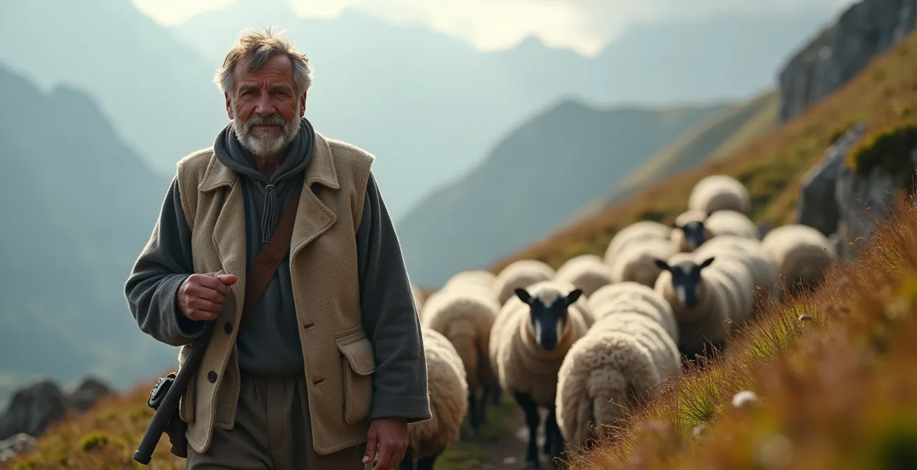 Bergers en tenue traditionnelle accompagnant un troupeau de moutons dans un sentier de montagne