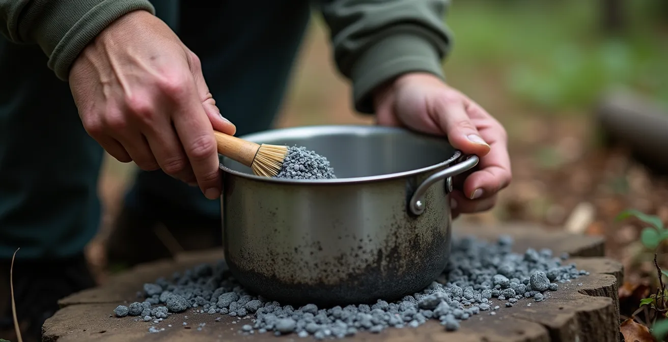 Mains nettoyant une gamelle de camping avec des cendres de bois et une brosse naturelle, loin d'un cours d'eau de montagne