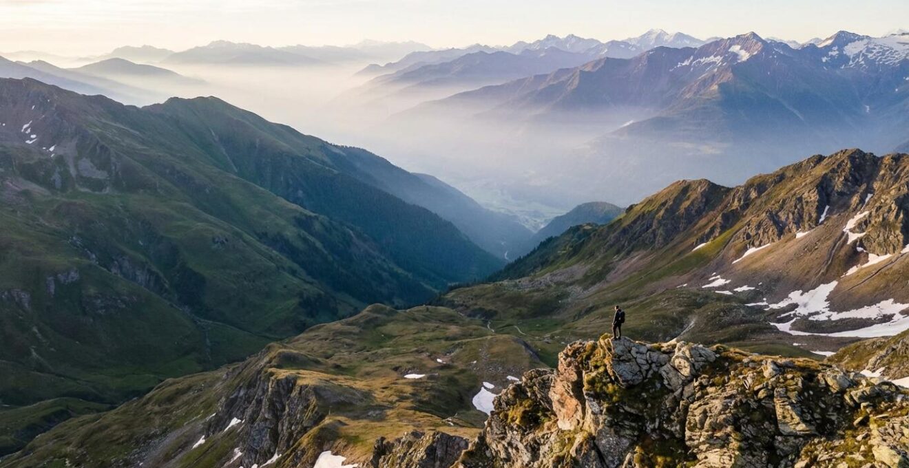 Vallée alpine avec randonneur contemplant le paysage depuis un promontoire