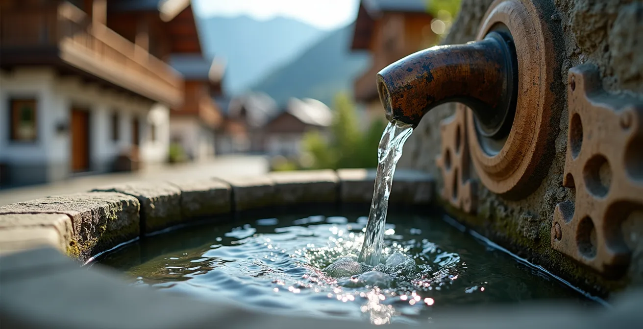 Place de village de montagne avec fontaine centrale, chalets traditionnels et habitants en discussion