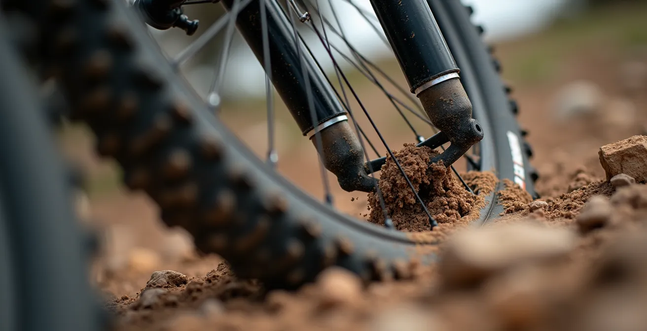Vue macro détaillée d'une suspension de VTT absorbant un impact avec texture du terrain visible