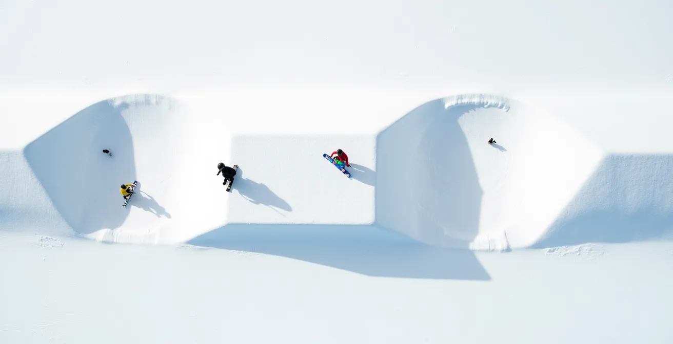 Vue aérienne d'un module de snowpark montrant les zones de sécurité et les angles morts