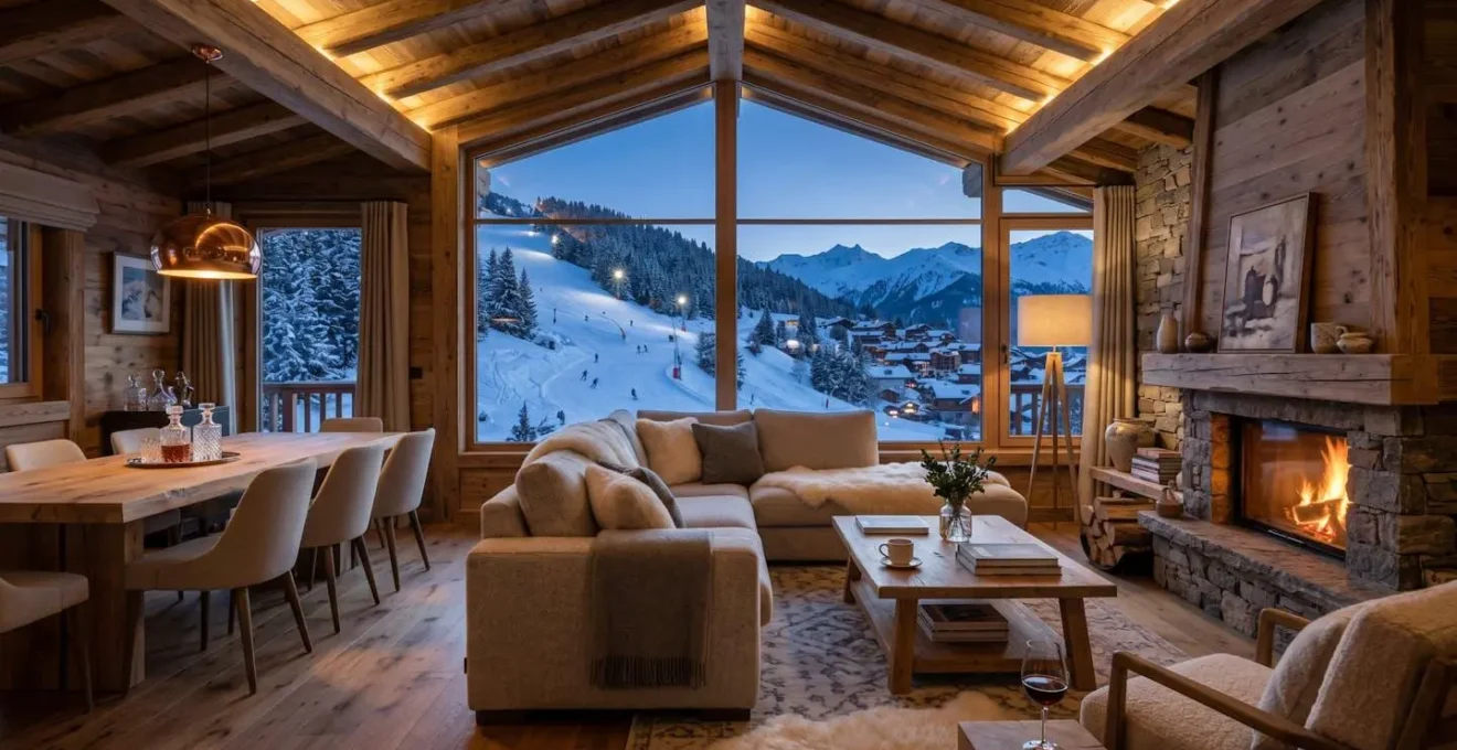 Vue depuis un appartement de luxe à Courchevel 1850 avec les pistes enneigées en arrière-plan