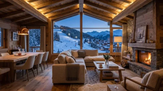 Vue depuis un appartement de luxe à Courchevel 1850 avec les pistes enneigées en arrière-plan