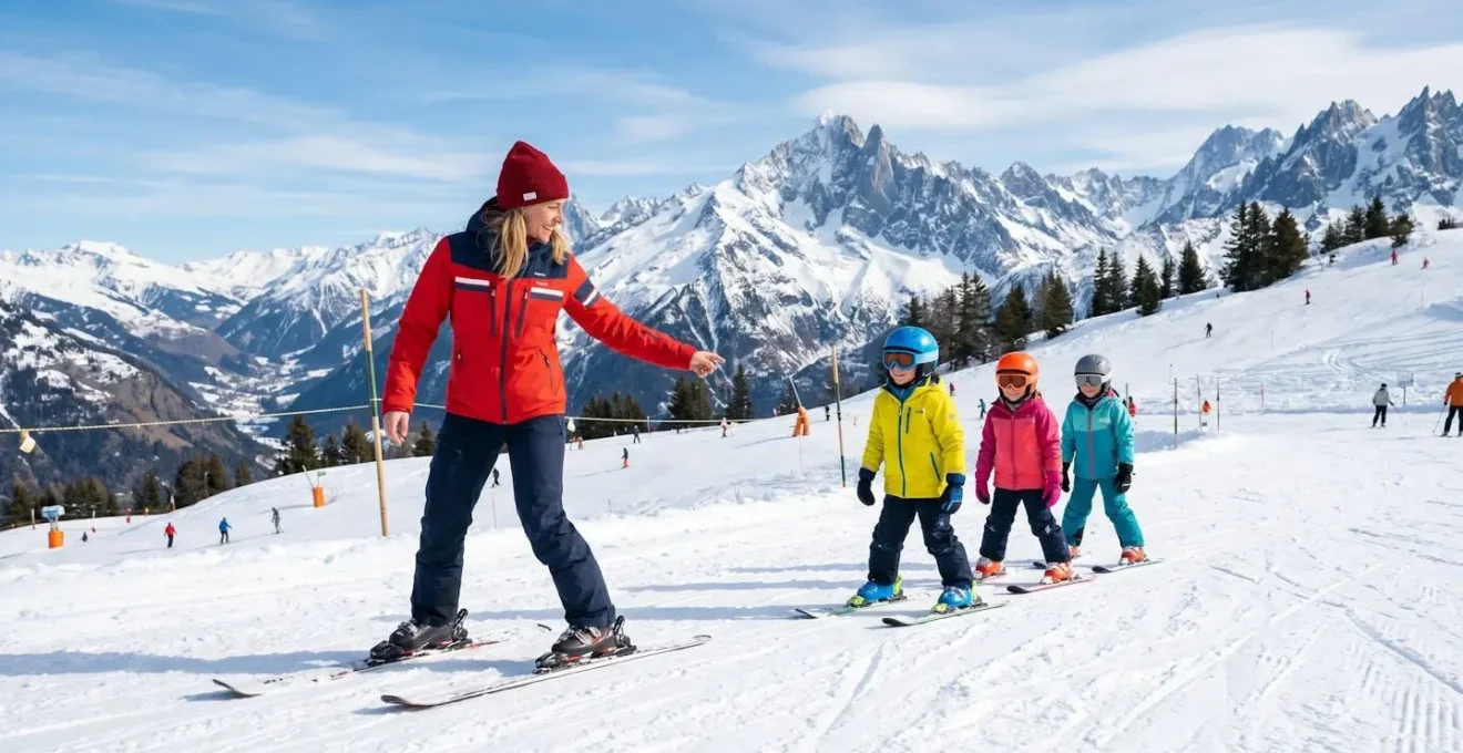 Moniteur de ski encadrant un groupe sur les pistes de Courchevel par beau temps